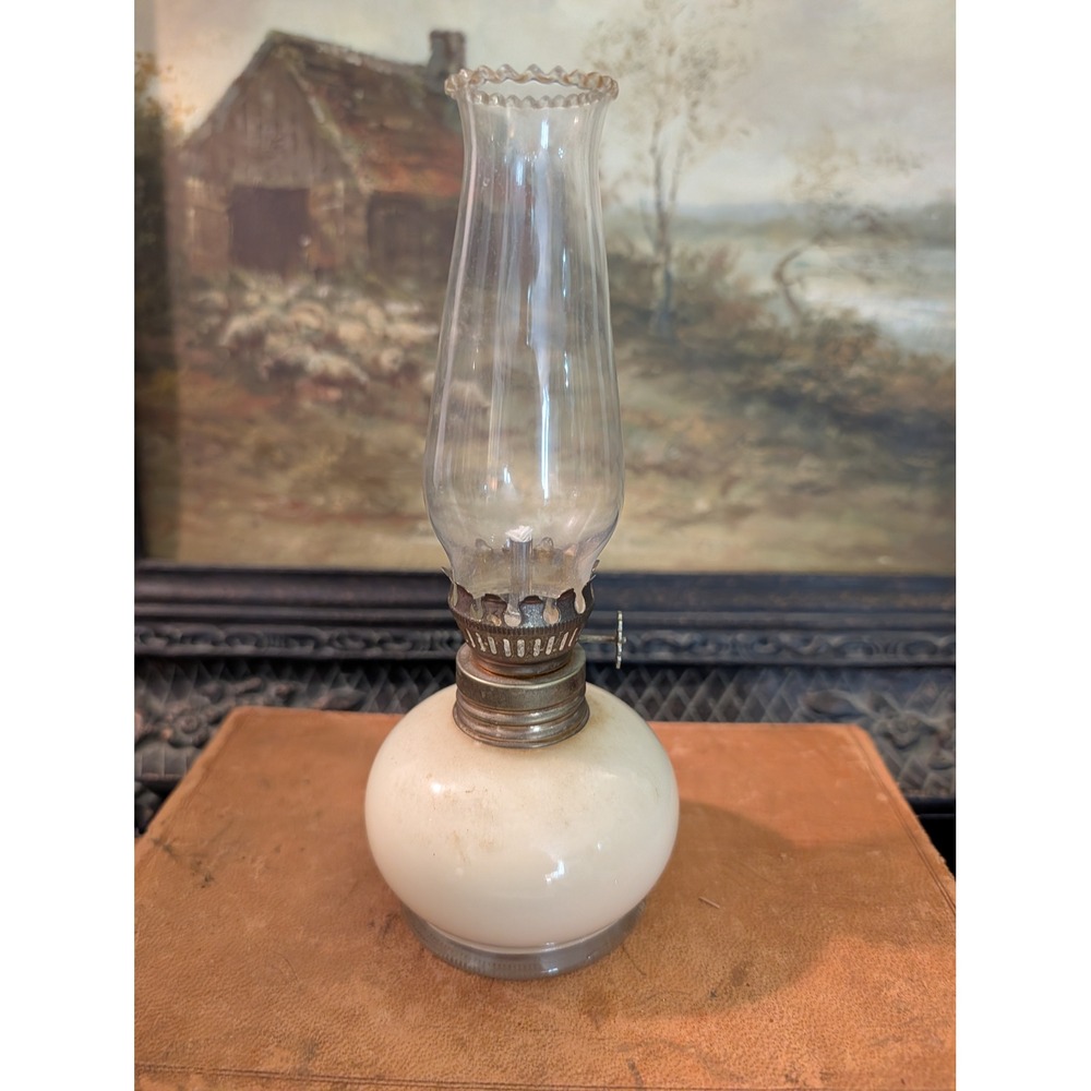 Vintage 8 Inch Mini Glass Oil Lamp Made in Italy White Round Base